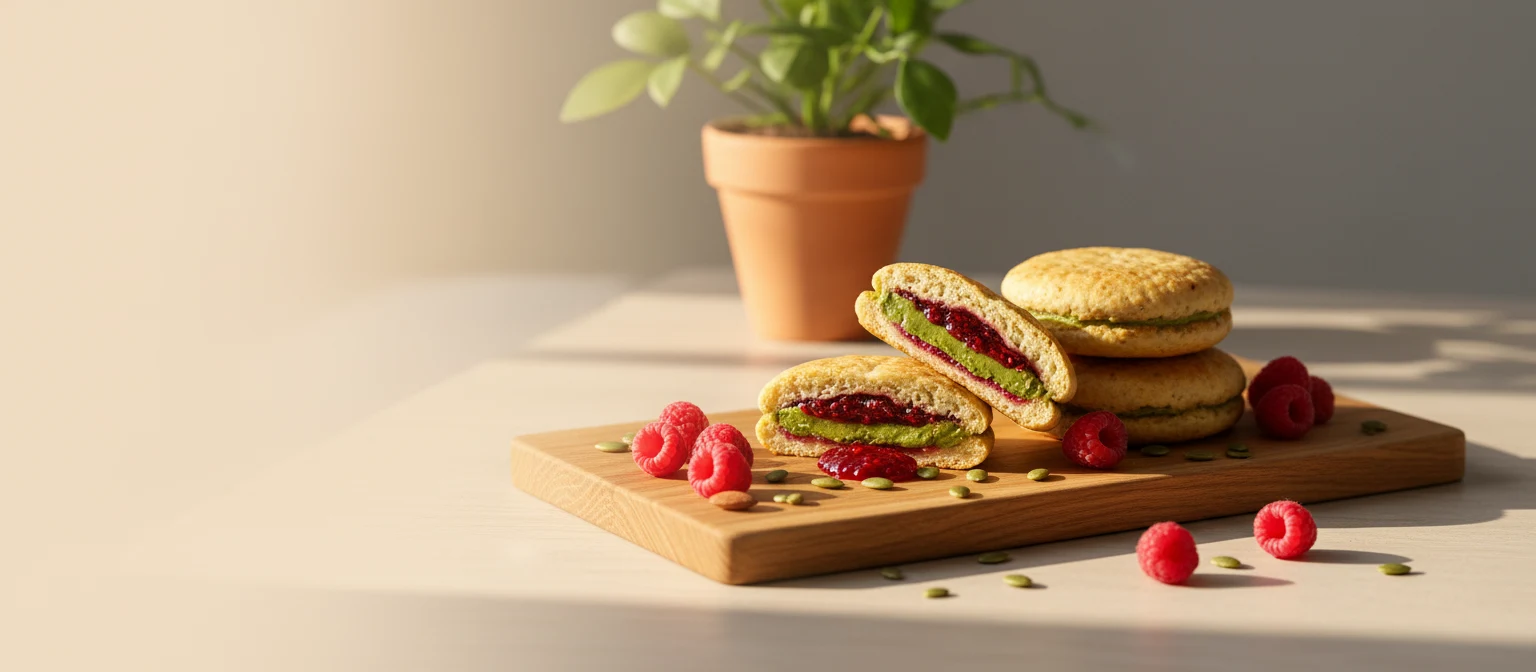 Three Protein Pockets on an oak board with raspberries and pumpkin seeds