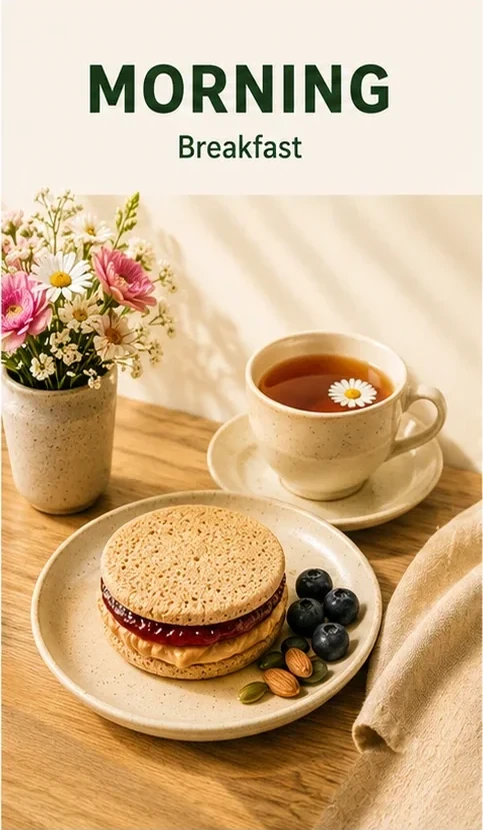 Morning breakfast — Protein Pocket with tea, blueberries and almonds