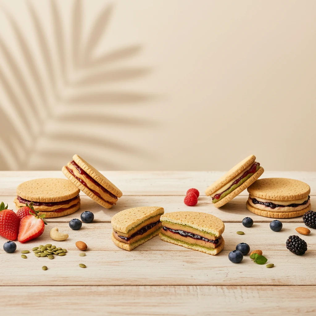 Four Protein Pockets, one of every flavour, on a wooden board