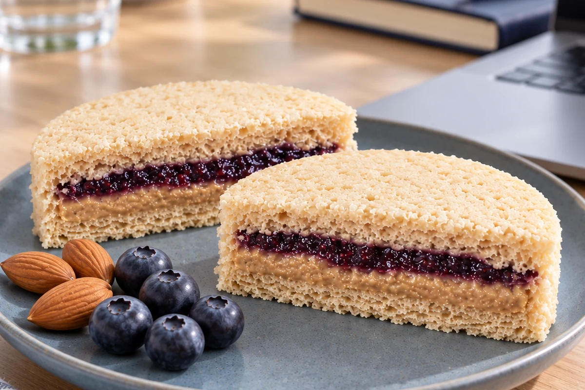 A Protein Pocket cut open, showing the nut butter and jam layers
